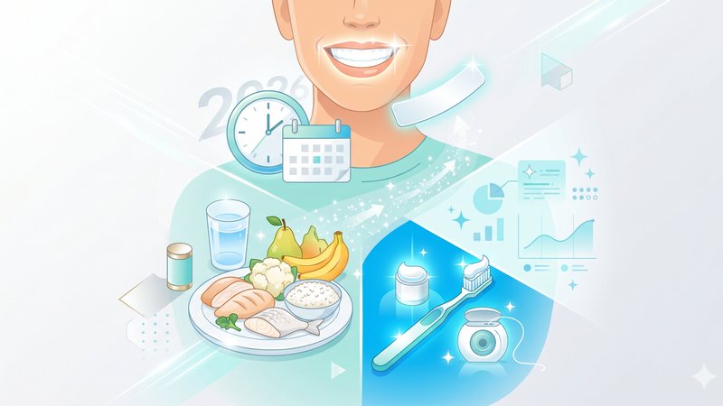 Современная иллюстрация продуктов для белой диеты и отбеливающих полосок для долгого сохранения цвета зубов